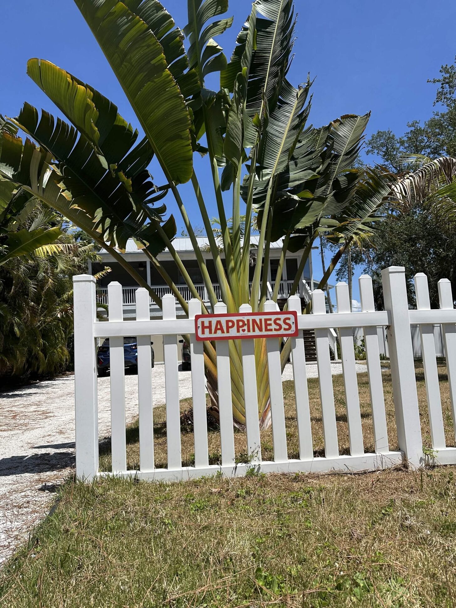 A HAPPINESS sign on a white picket fence with tropical plants and a Florida home